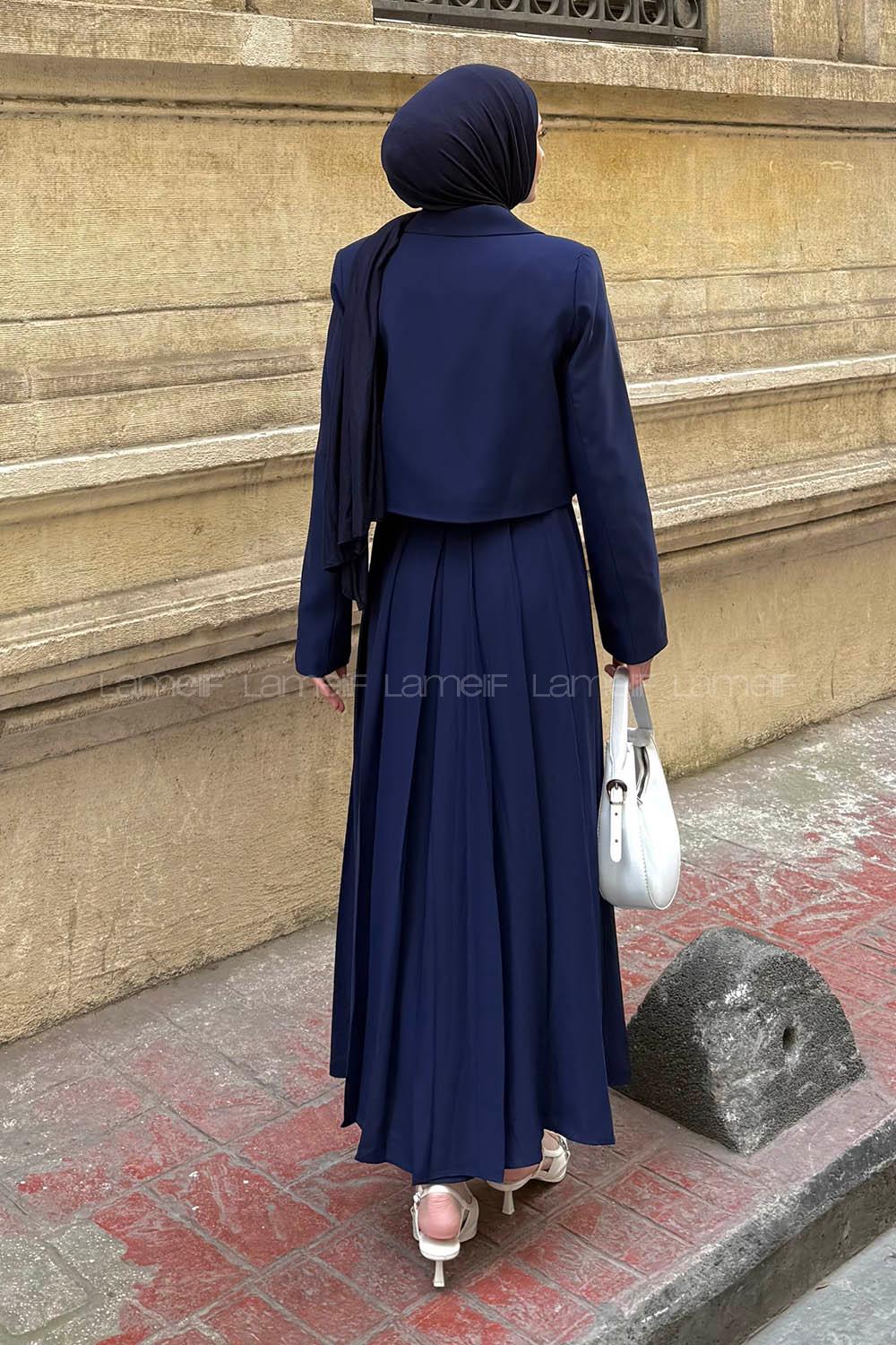 Lamelif Pileli Etek-Ceketli Tesettür Takım Lacivert