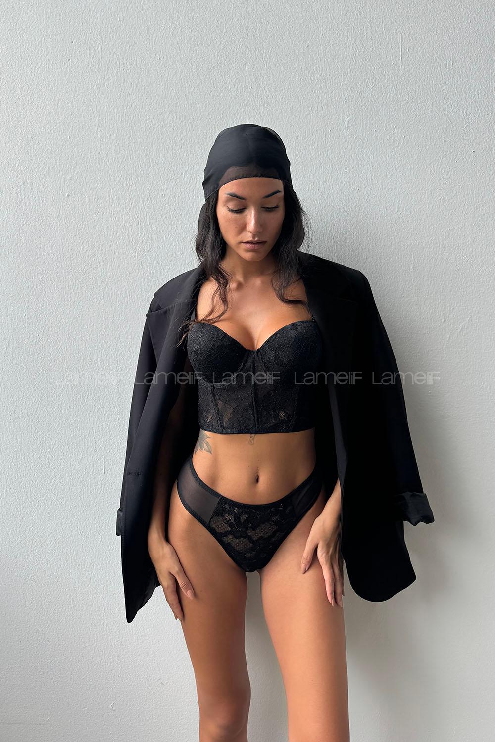 Lamelif  Simli Dantelli Büstiyer Destekli Takım