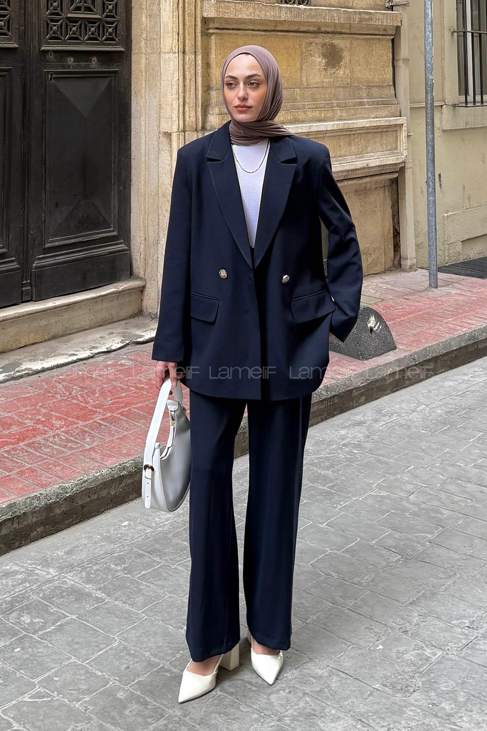 Lamelif Vatkalı Blazer Ceket-Pantolon İkili Takım Lacivert