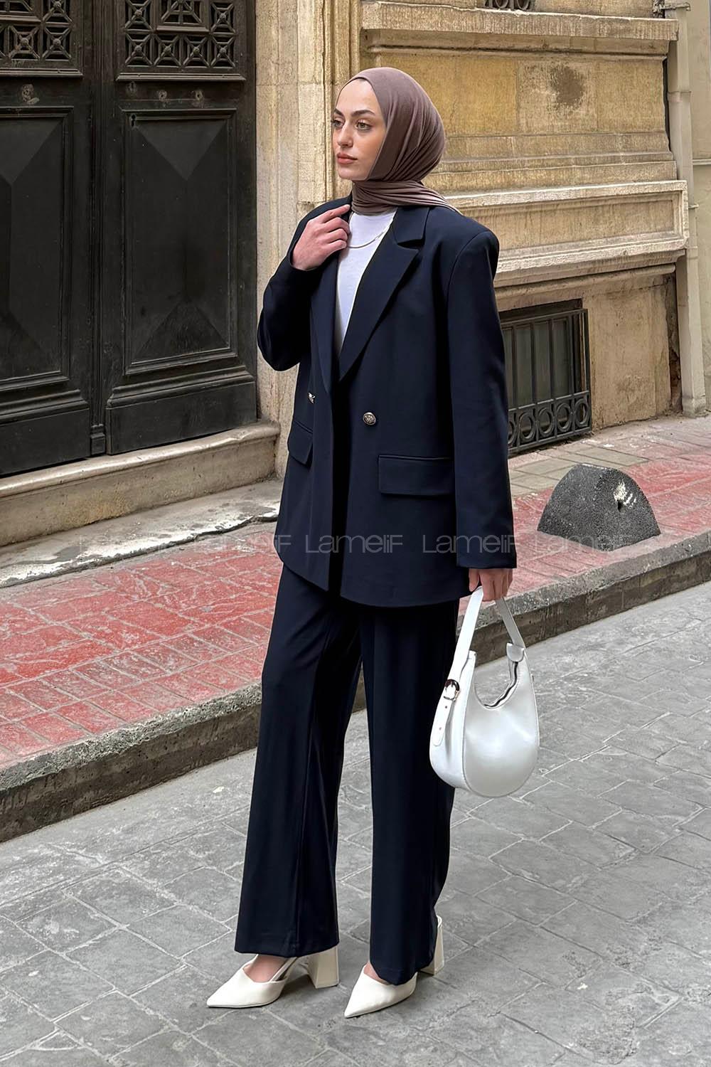 Lamelif Vatkalı Blazer Ceket-Pantolon İkili Takım Lacivert