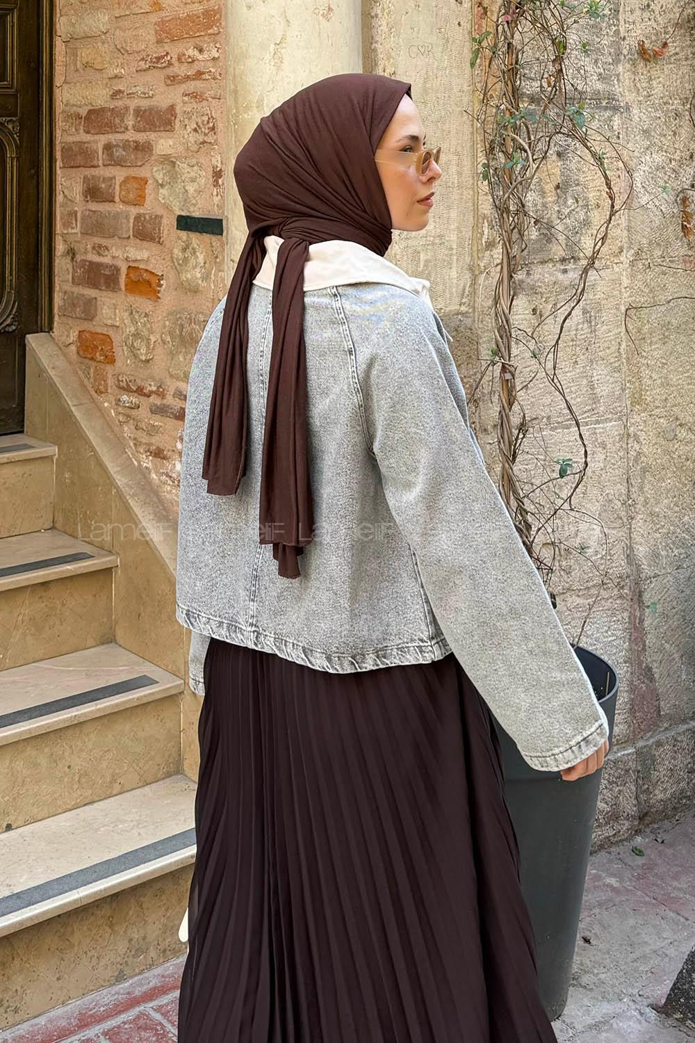 Lamelif Çıtçıtlı Krem Gömlek Yaka Detaylı Denim Ceket Gri