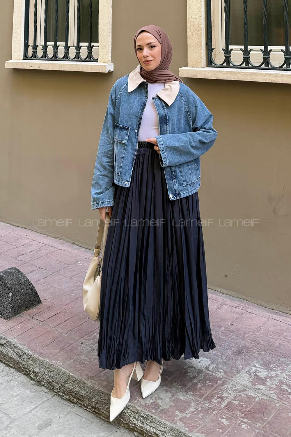 Lamelif Çıtçıtlı Krem Gömlek Yaka Detaylı Denim Ceket Kot Mavisi