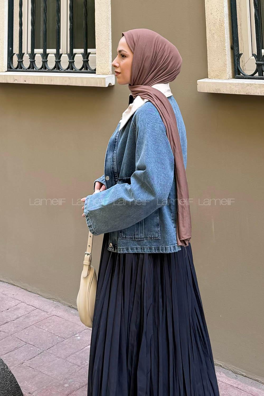 Lamelif Çıtçıtlı Krem Gömlek Yaka Detaylı Denim Ceket Kot Mavisi