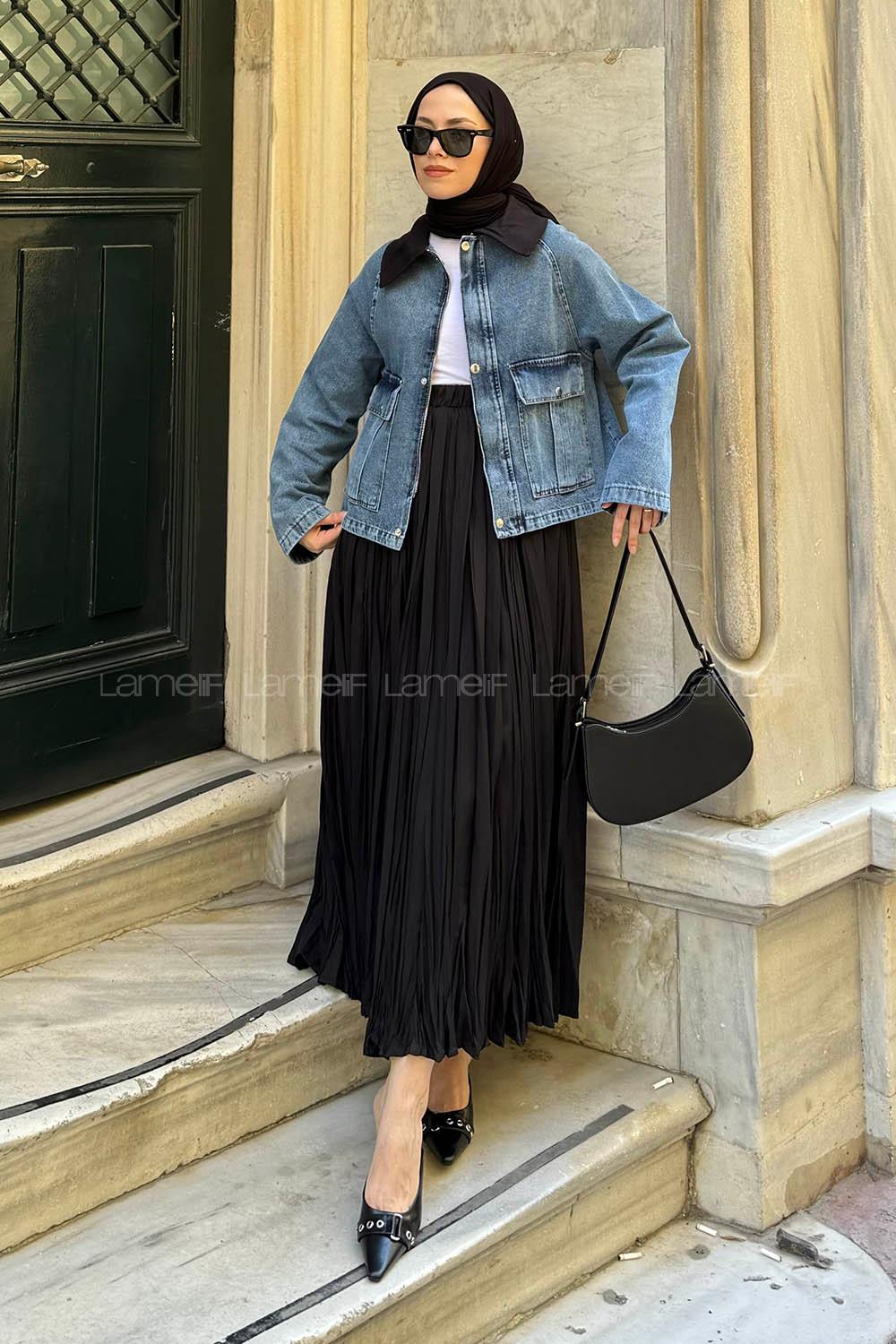 Lamelif Çıtçıtlı Siyah Gömlek Yaka Detaylı Denim Ceket Kot Mavisi