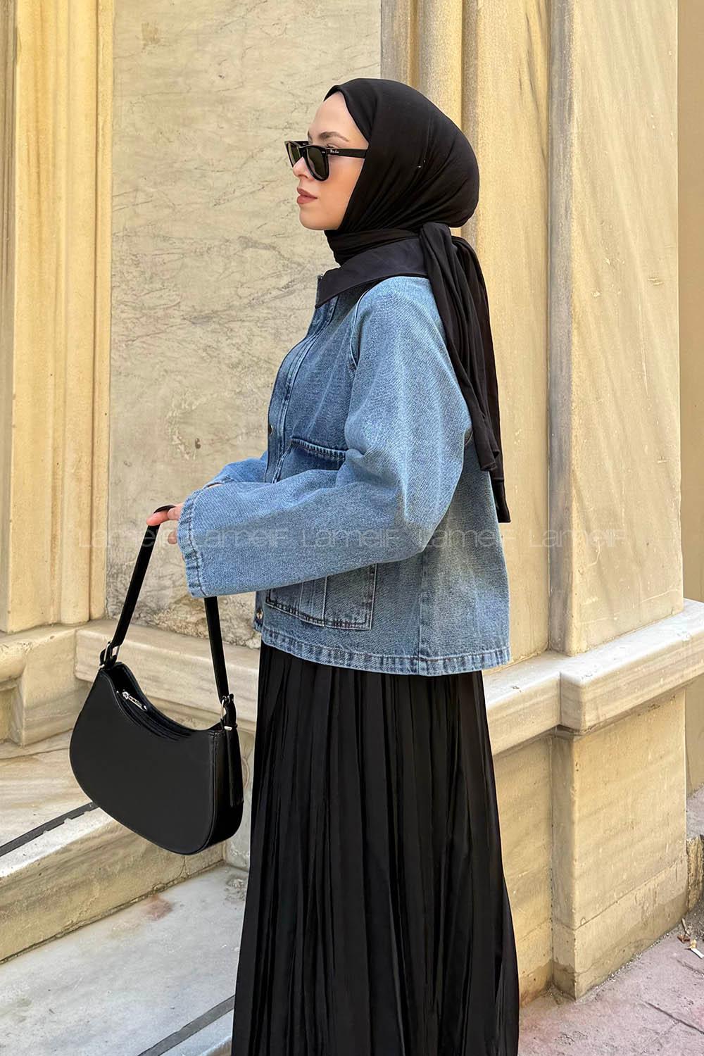 Lamelif Çıtçıtlı Siyah Gömlek Yaka Detaylı Denim Ceket Kot Mavisi