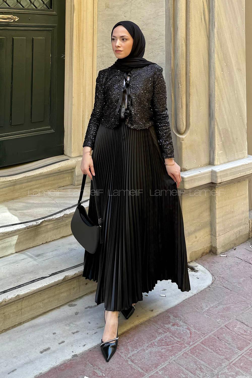 Lamelif Simli Tesettür Ceket Siyah