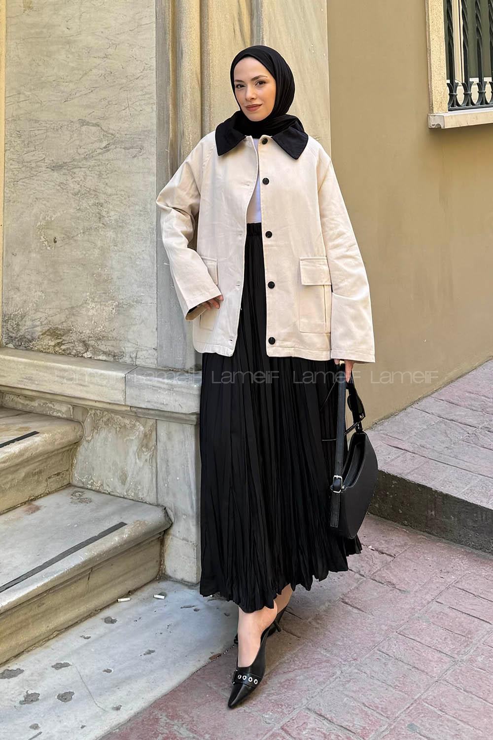 Lamelif Yaka Detaylı Parka Taş Rengi