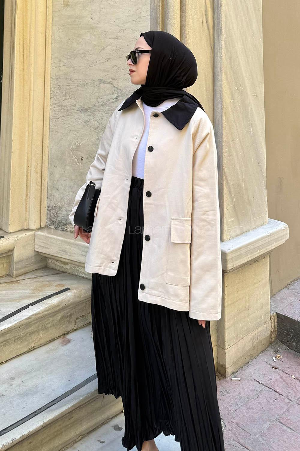 Lamelif Yaka Detaylı Parka Taş Rengi