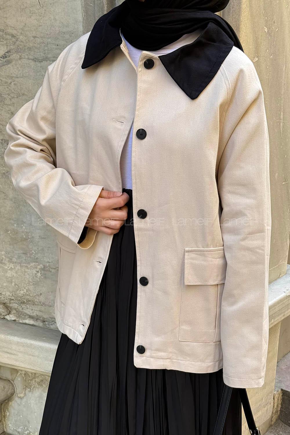 Lamelif Yaka Detaylı Parka Taş Rengi