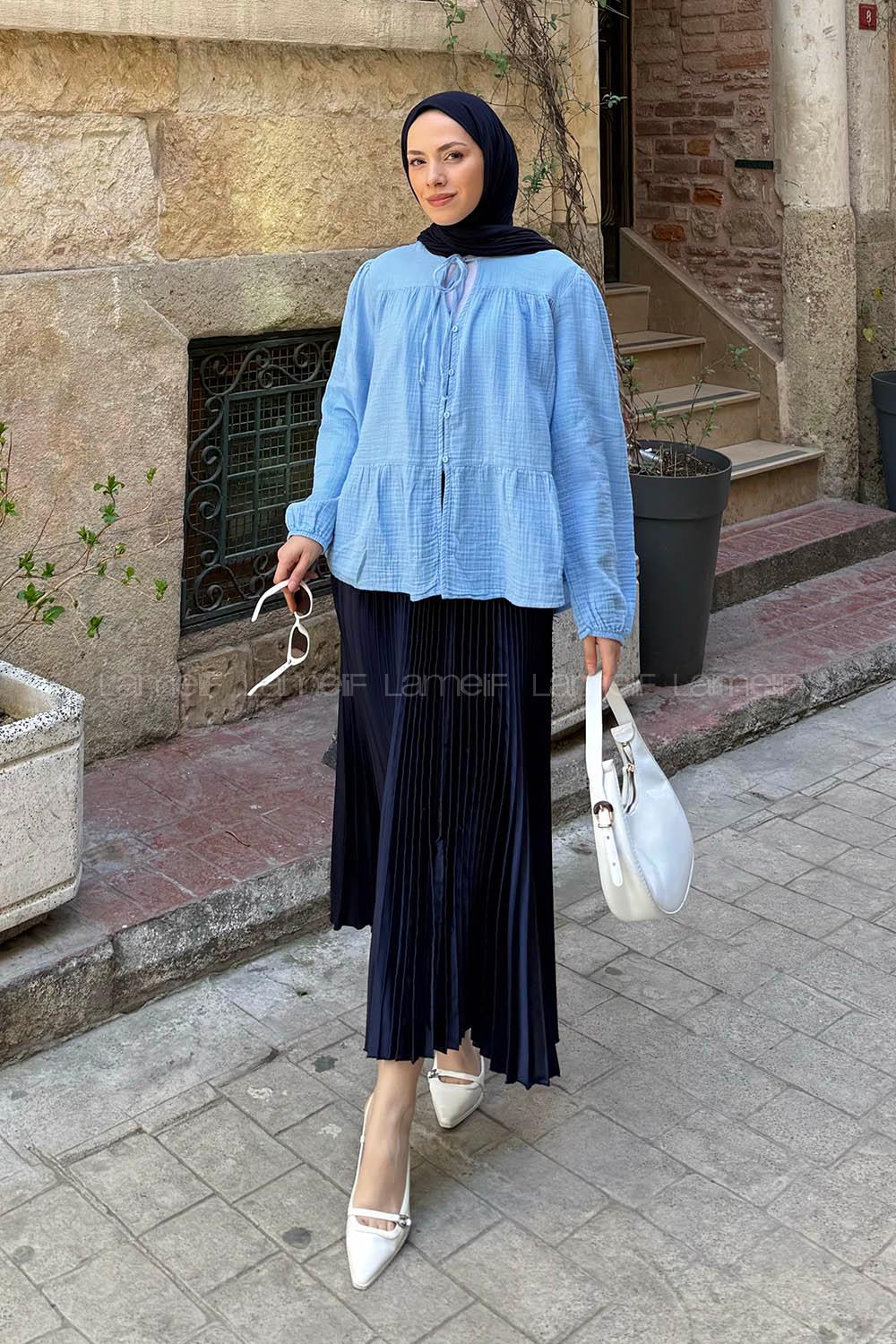 Lamelif V Yaka Kolları Lastikli Müslin Tesettür Gömlek Bebe Mavisi