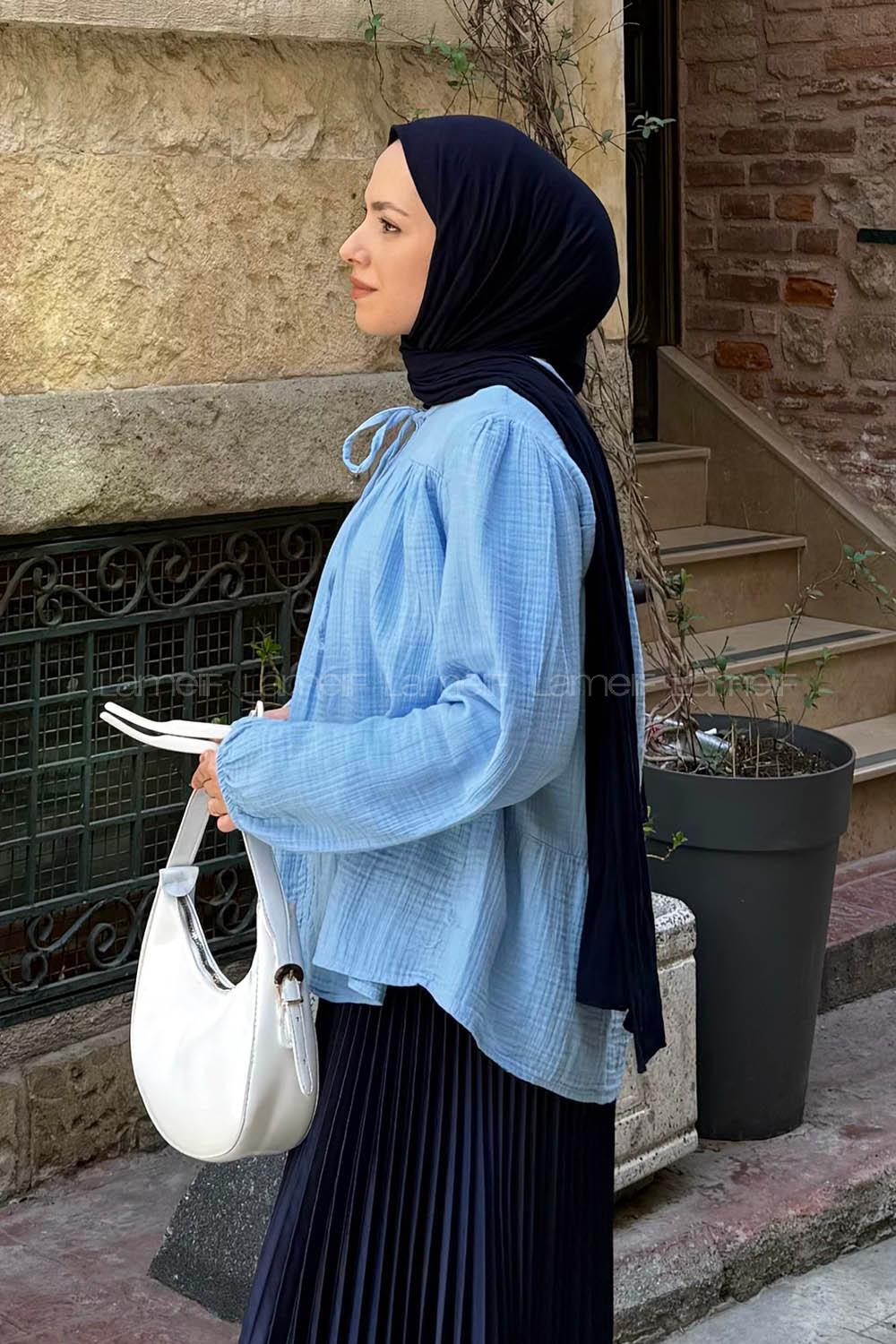 Lamelif V Yaka Kolları Lastikli Müslin Tesettür Gömlek Bebe Mavisi