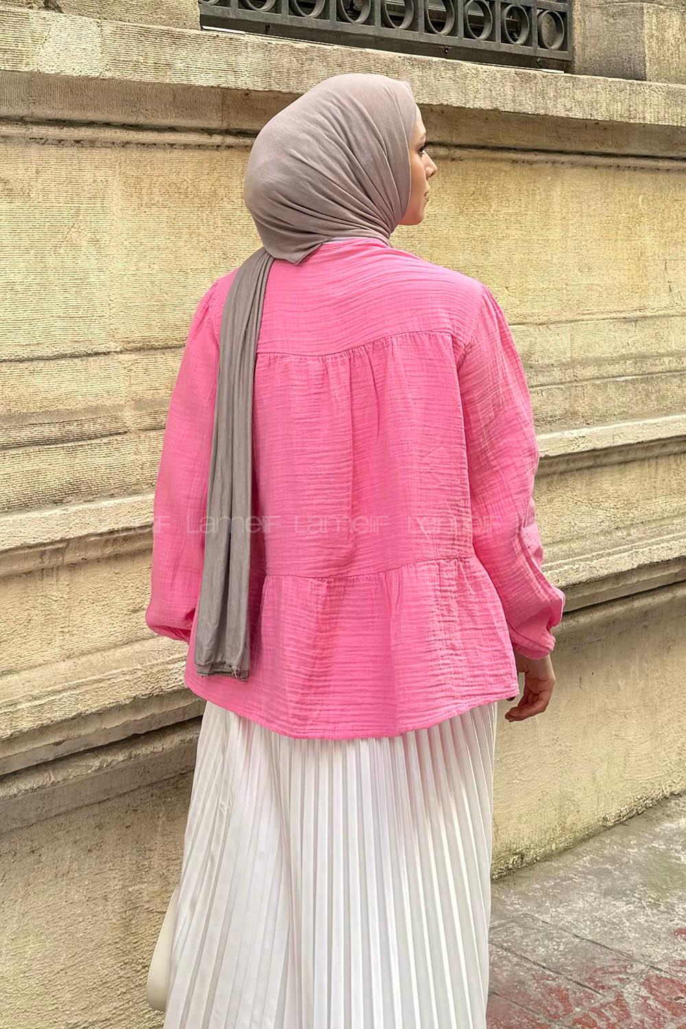 Lamelif V Yaka Kolları Lastikli Müslin Tesettür Gömlek Pembe