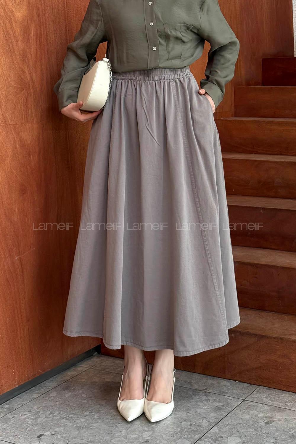 Lamelif Cepli Bel Lastikli Gabardın Tesettür Etek Toprak