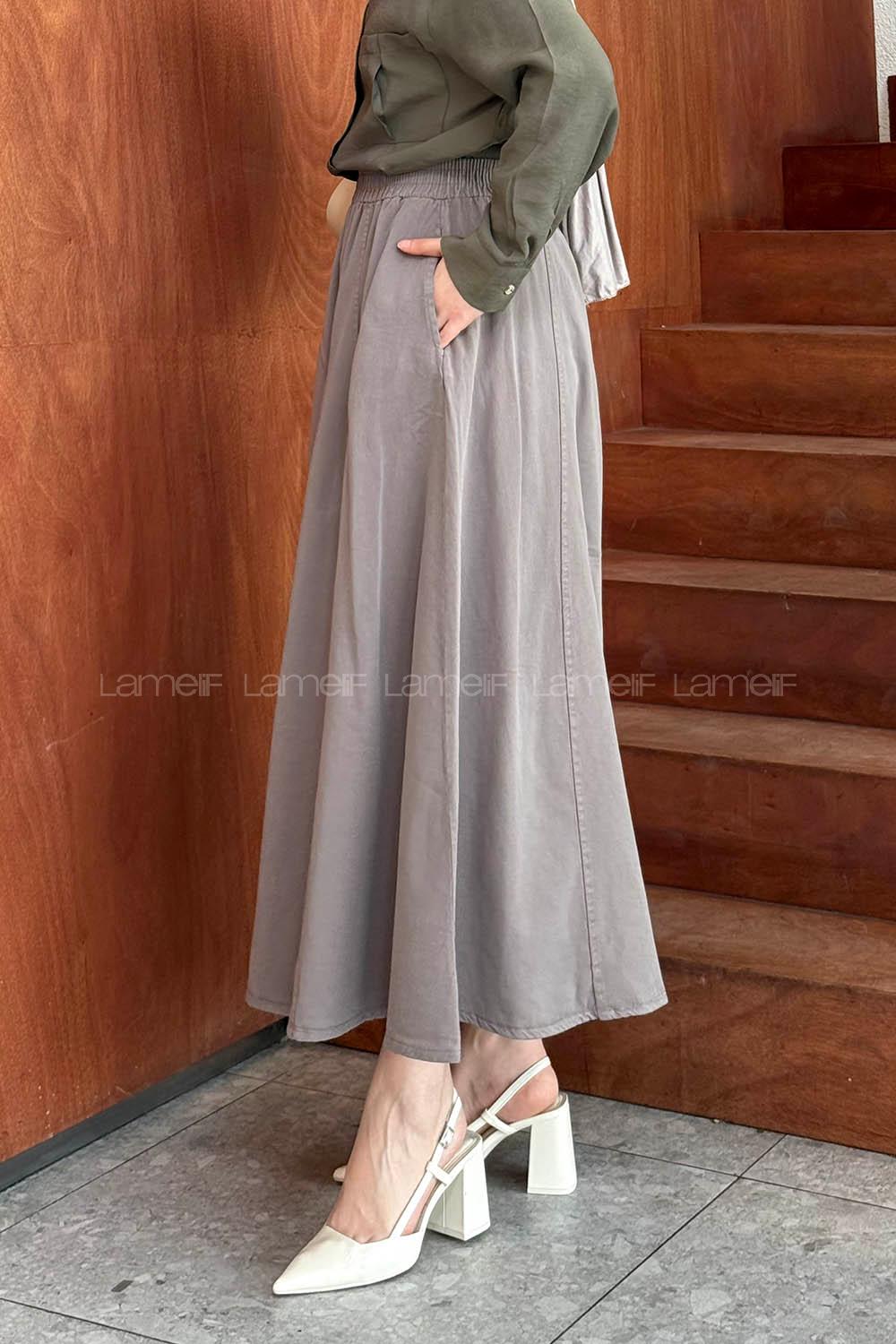 Lamelif Cepli Bel Lastikli Gabardın Tesettür Etek Toprak