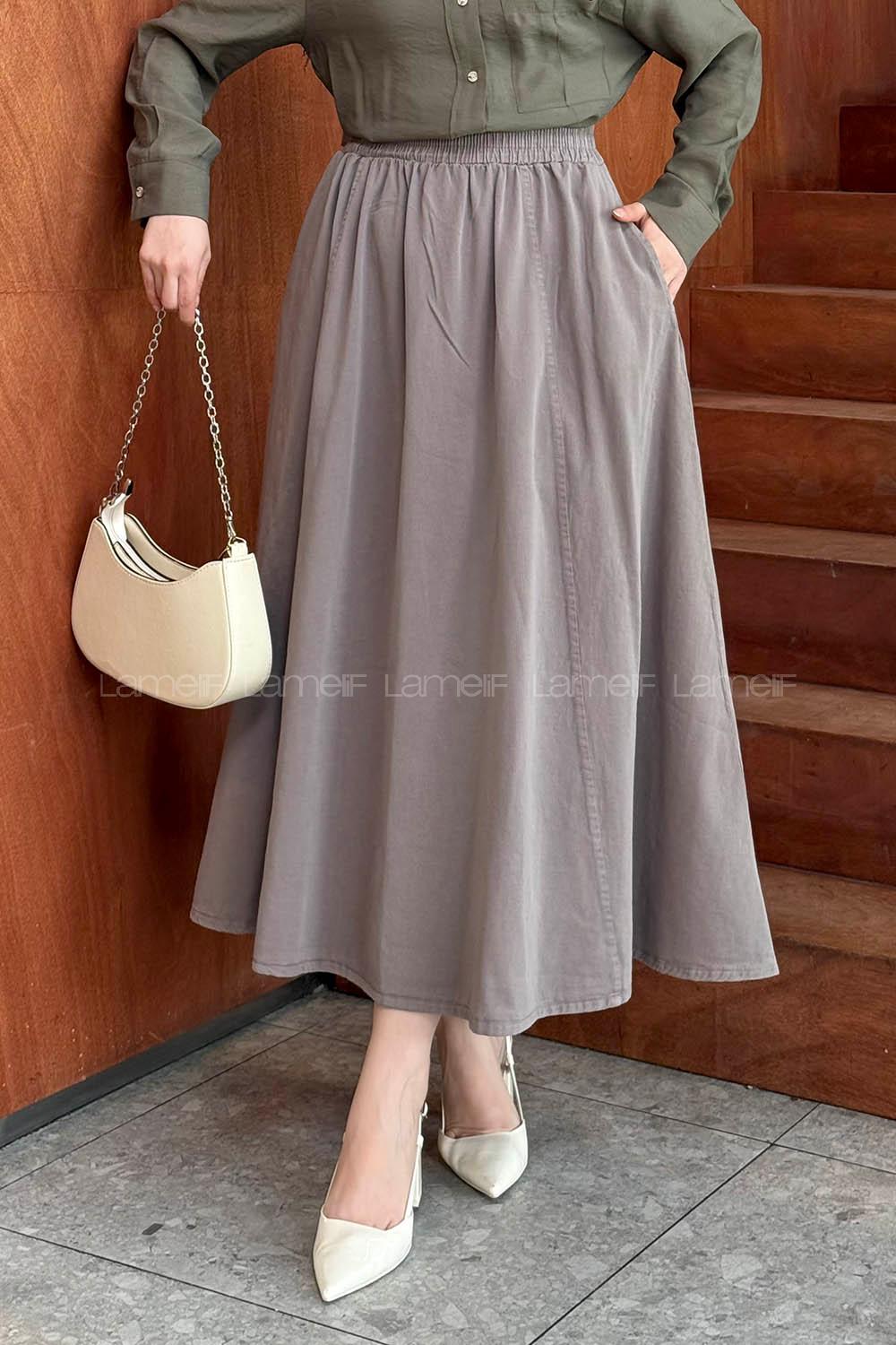 Lamelif Cepli Bel Lastikli Gabardın Tesettür Etek Toprak