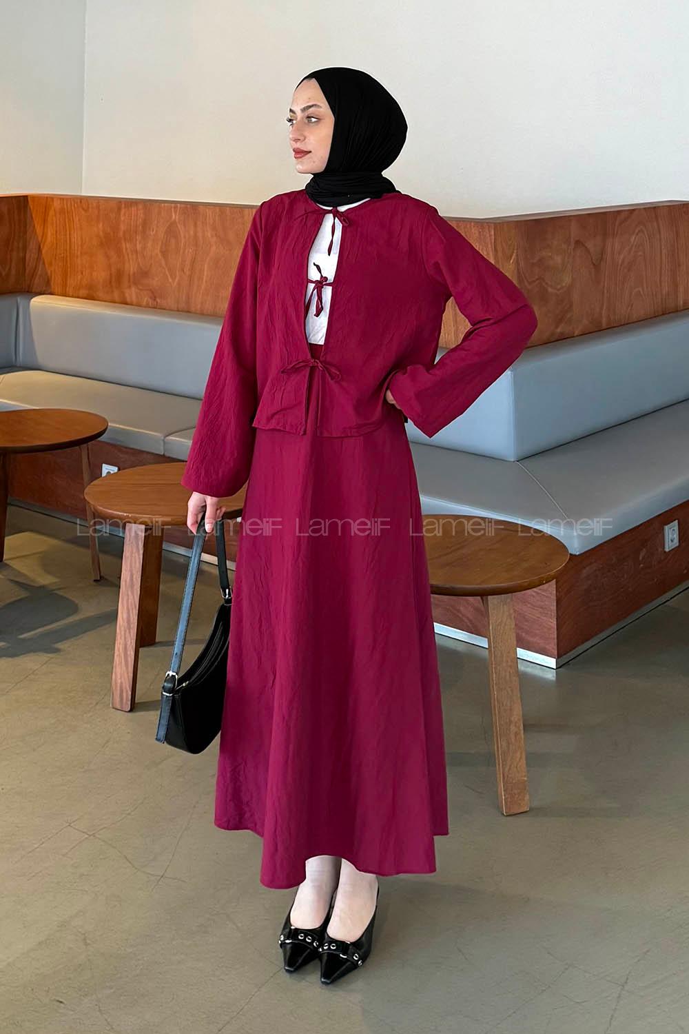 Lamelif Modal Kıraş Gömlek-Etek Takım Bordo