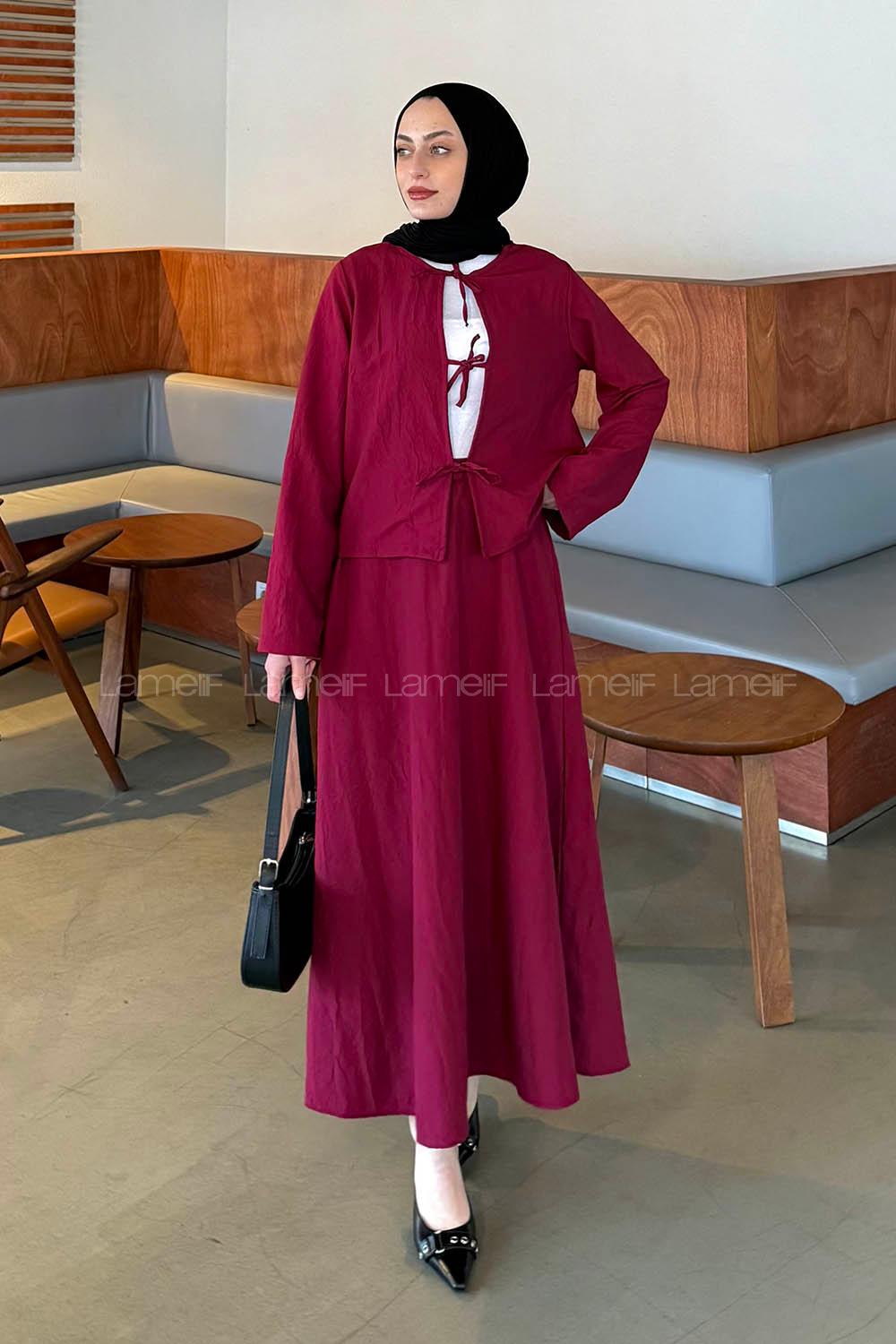 Lamelif Modal Kıraş Gömlek-Etek Takım Bordo