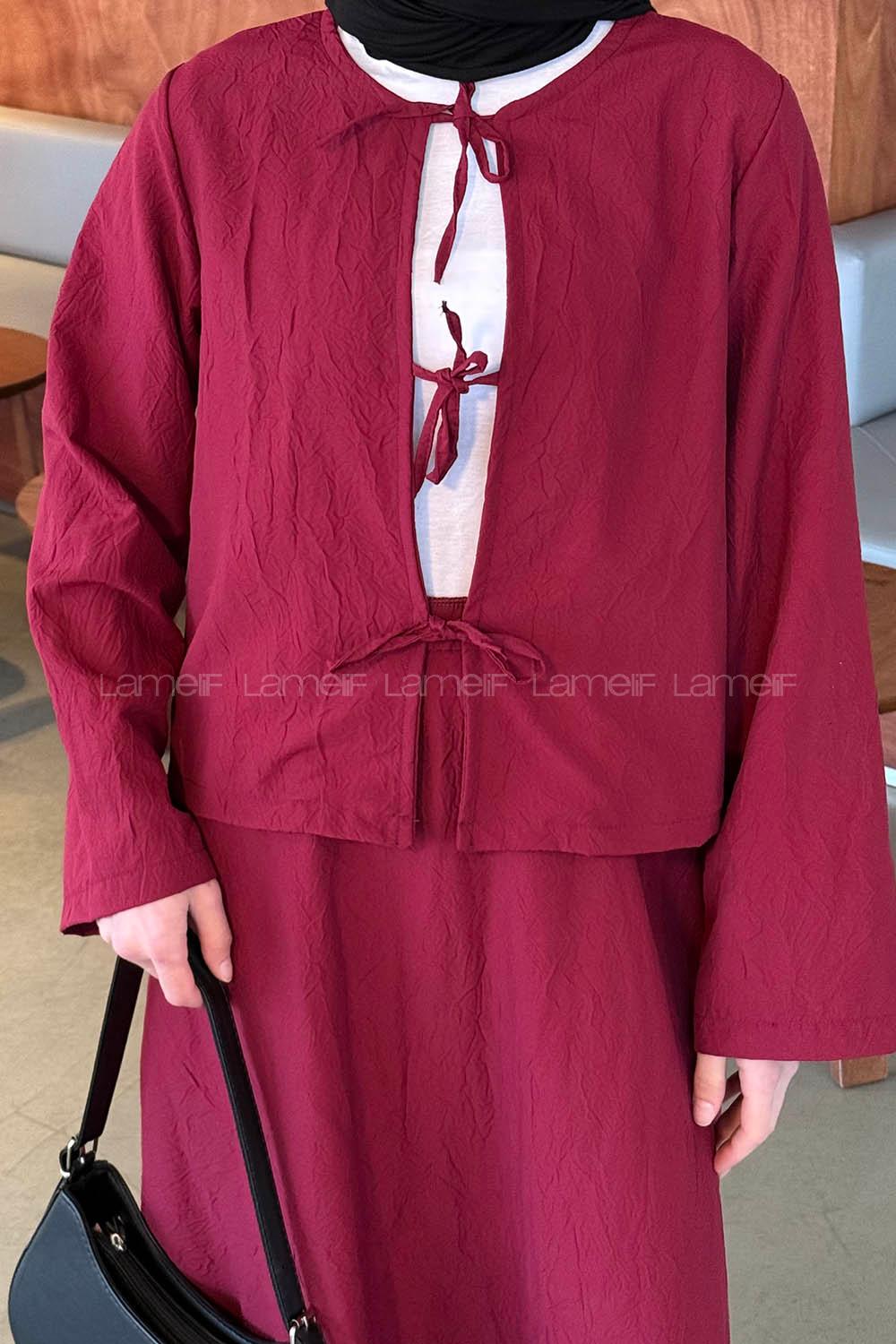 Lamelif Modal Kıraş Gömlek-Etek Takım Bordo