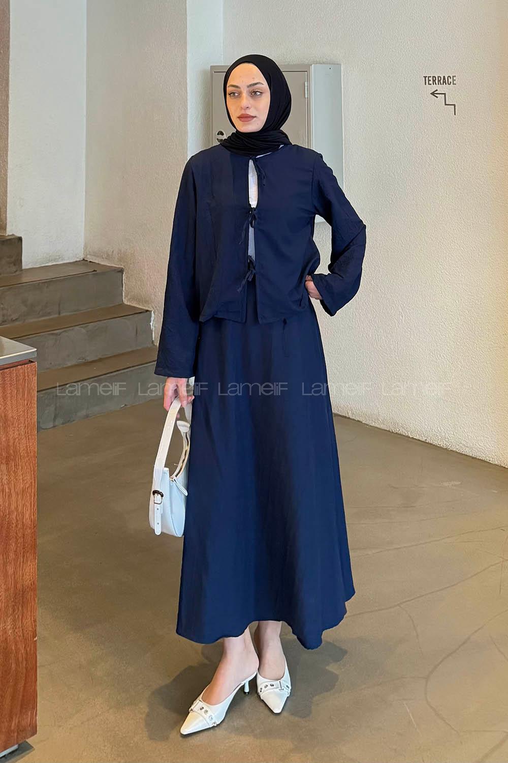 Lamelif Modal Kıraş Gömlek-Etek Takım Lacivert