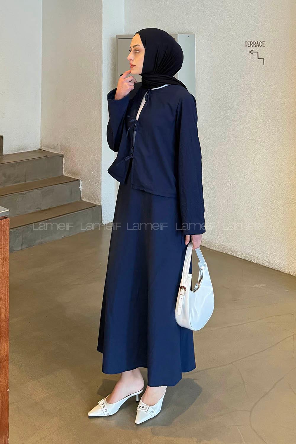 Lamelif Modal Kıraş Gömlek-Etek Takım Lacivert