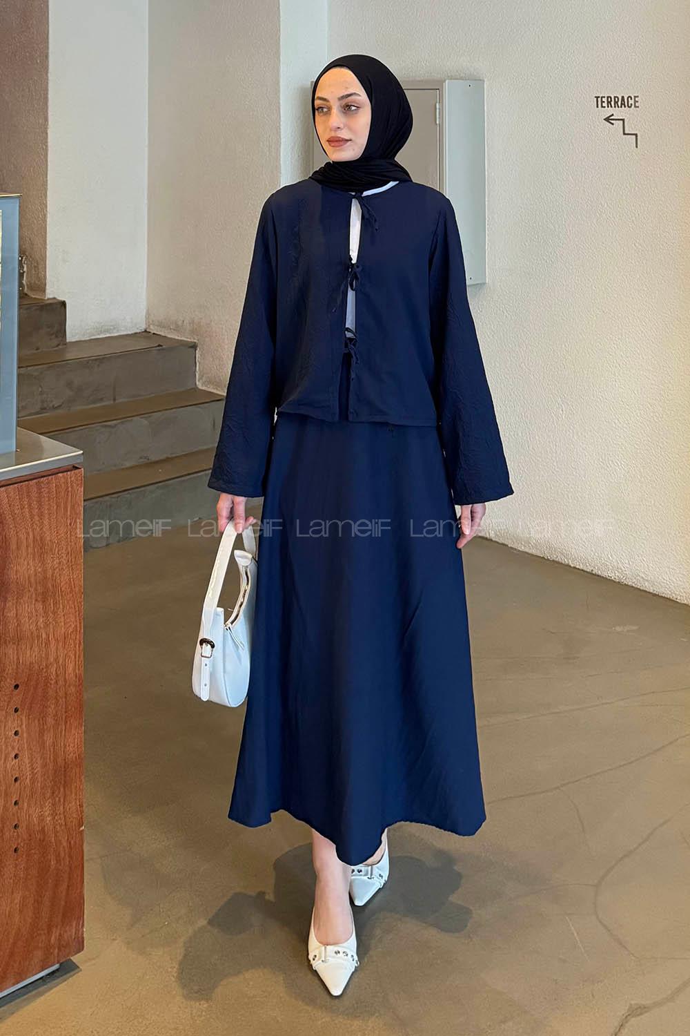Lamelif Modal Kıraş Gömlek-Etek Takım Lacivert