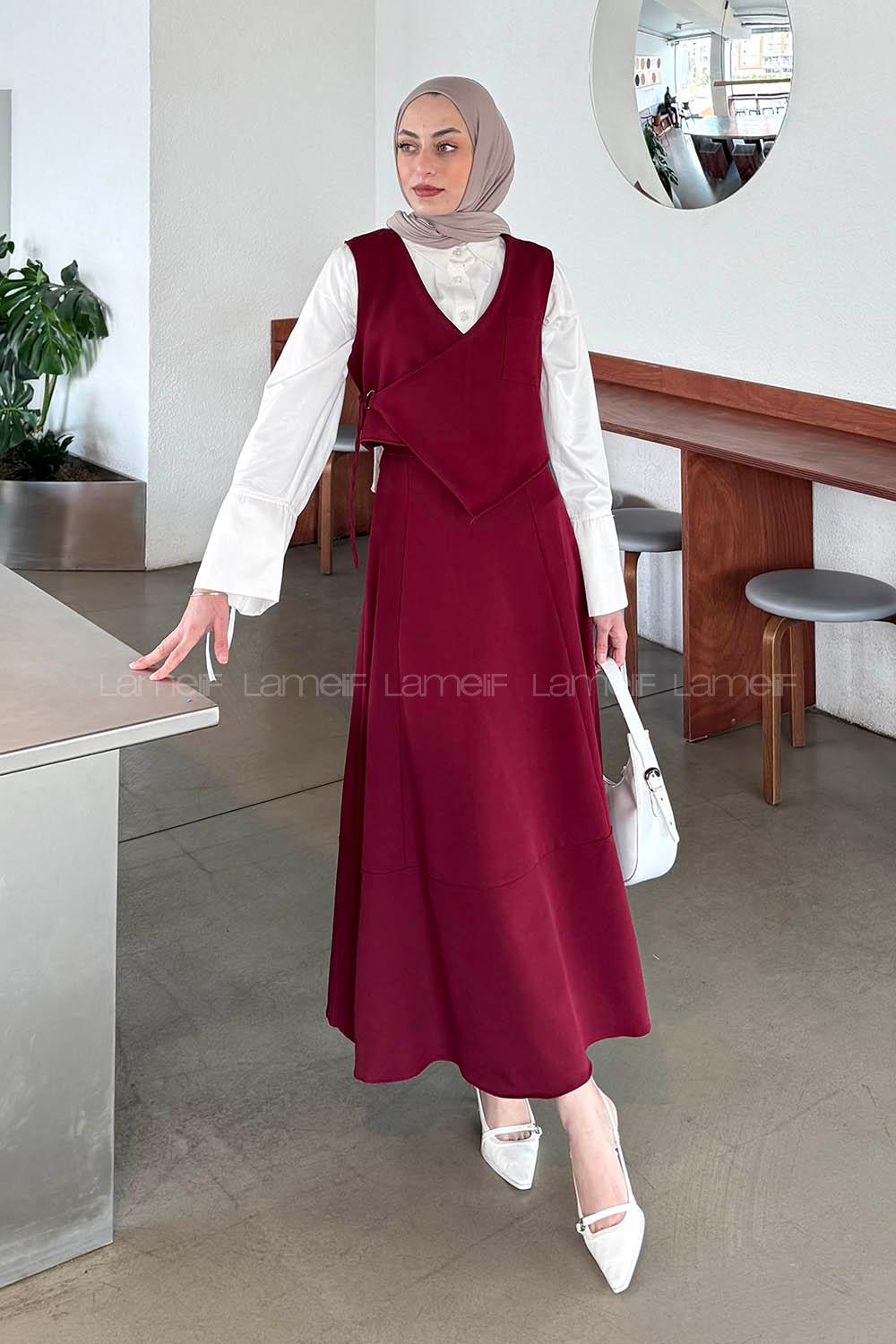 Lamelif Crop Yelek-Etekli İkili Takım Bordo