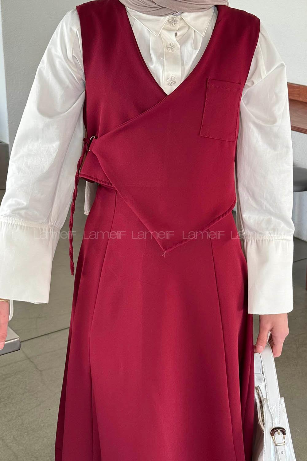 Lamelif Crop Yelek-Etekli İkili Takım Bordo