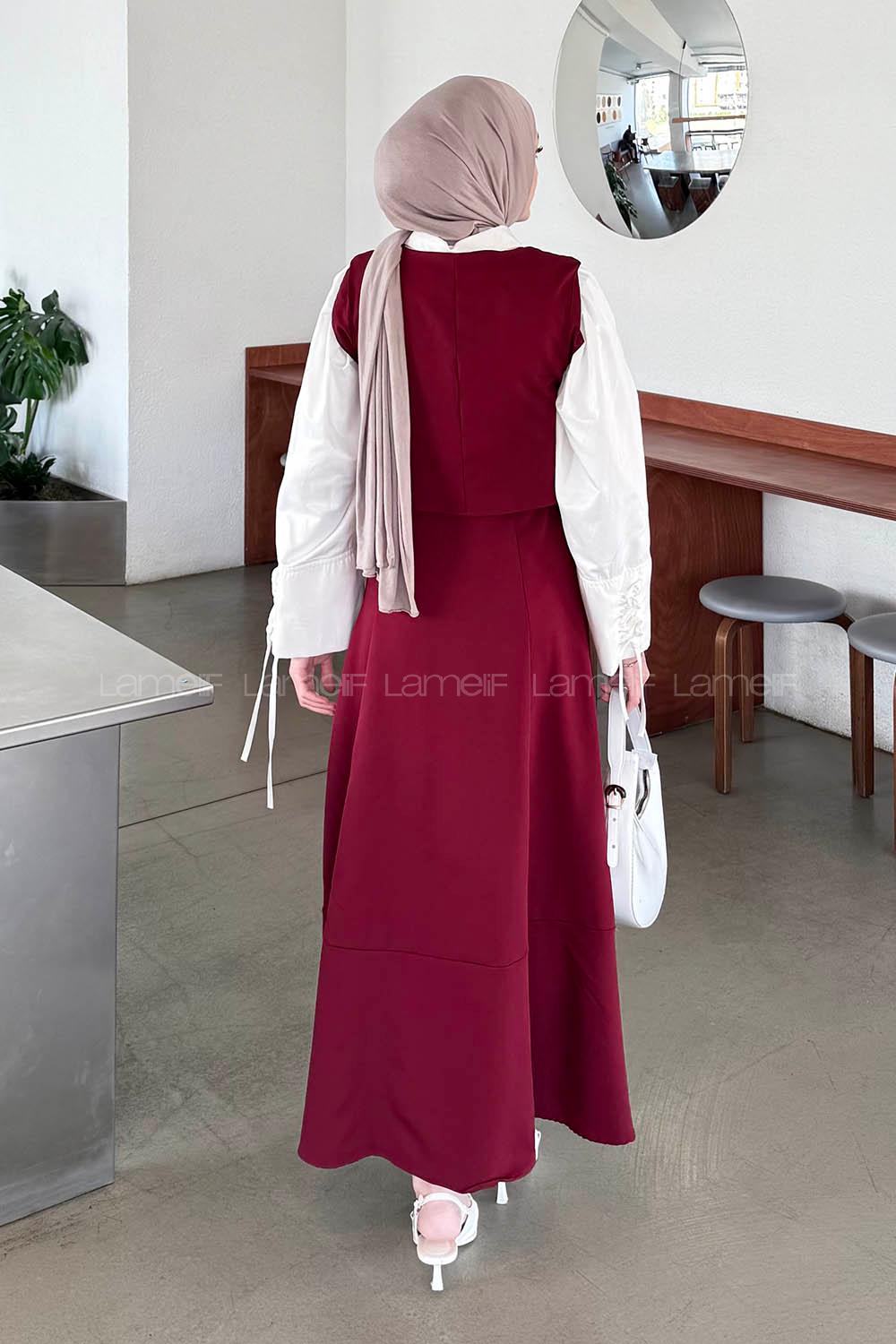 Lamelif Crop Yelek-Etekli İkili Takım Bordo