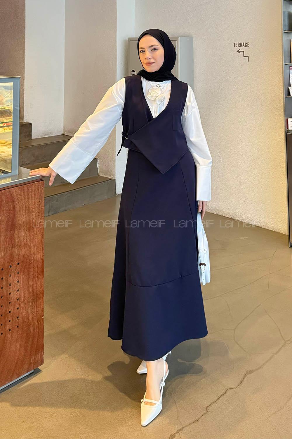 Lamelif Crop Yelek-Etekli İkili Takım Lacivert