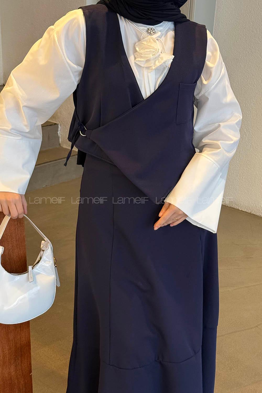 Lamelif Crop Yelek-Etekli İkili Takım Lacivert