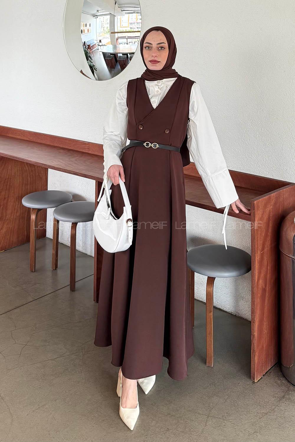 Lamelif Düğme Detaylı Kolsuz Tesettür Elbise Acı Kahve