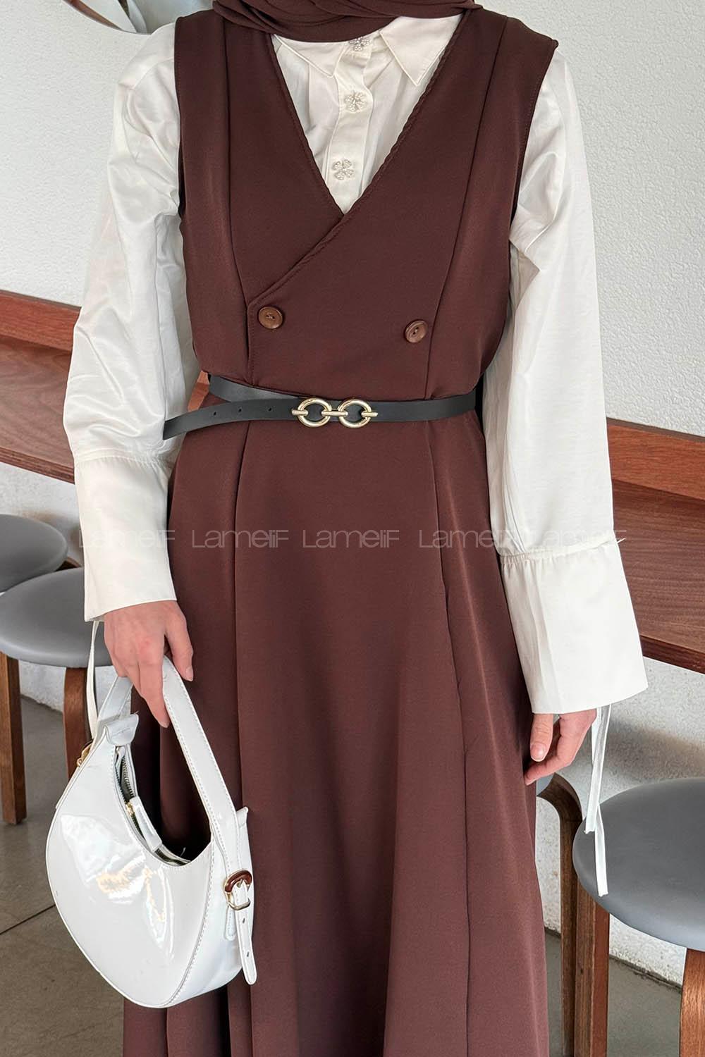 Lamelif Düğme Detaylı Kolsuz Tesettür Elbise Acı Kahve