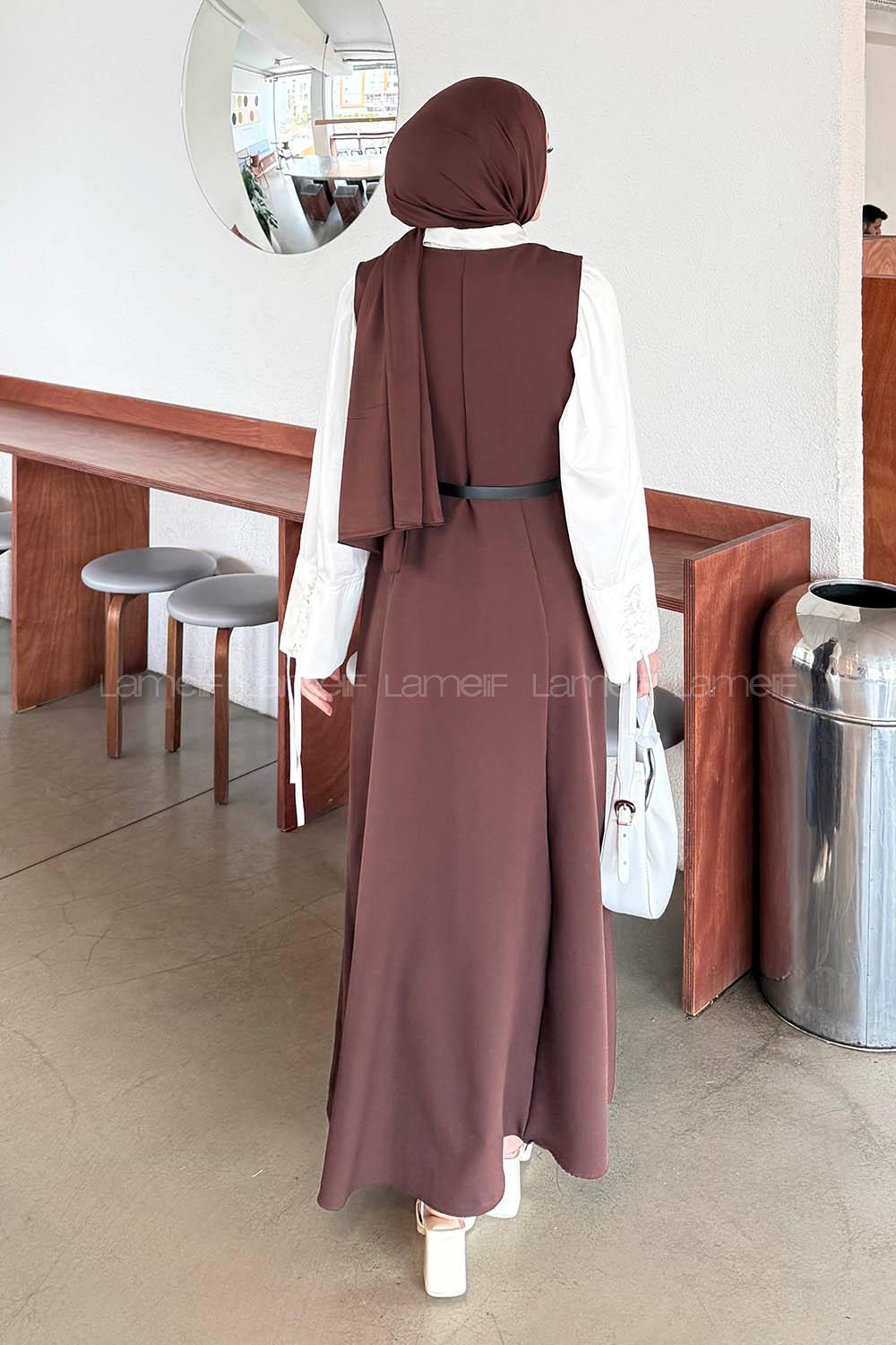 Lamelif Düğme Detaylı Kolsuz Tesettür Elbise Acı Kahve