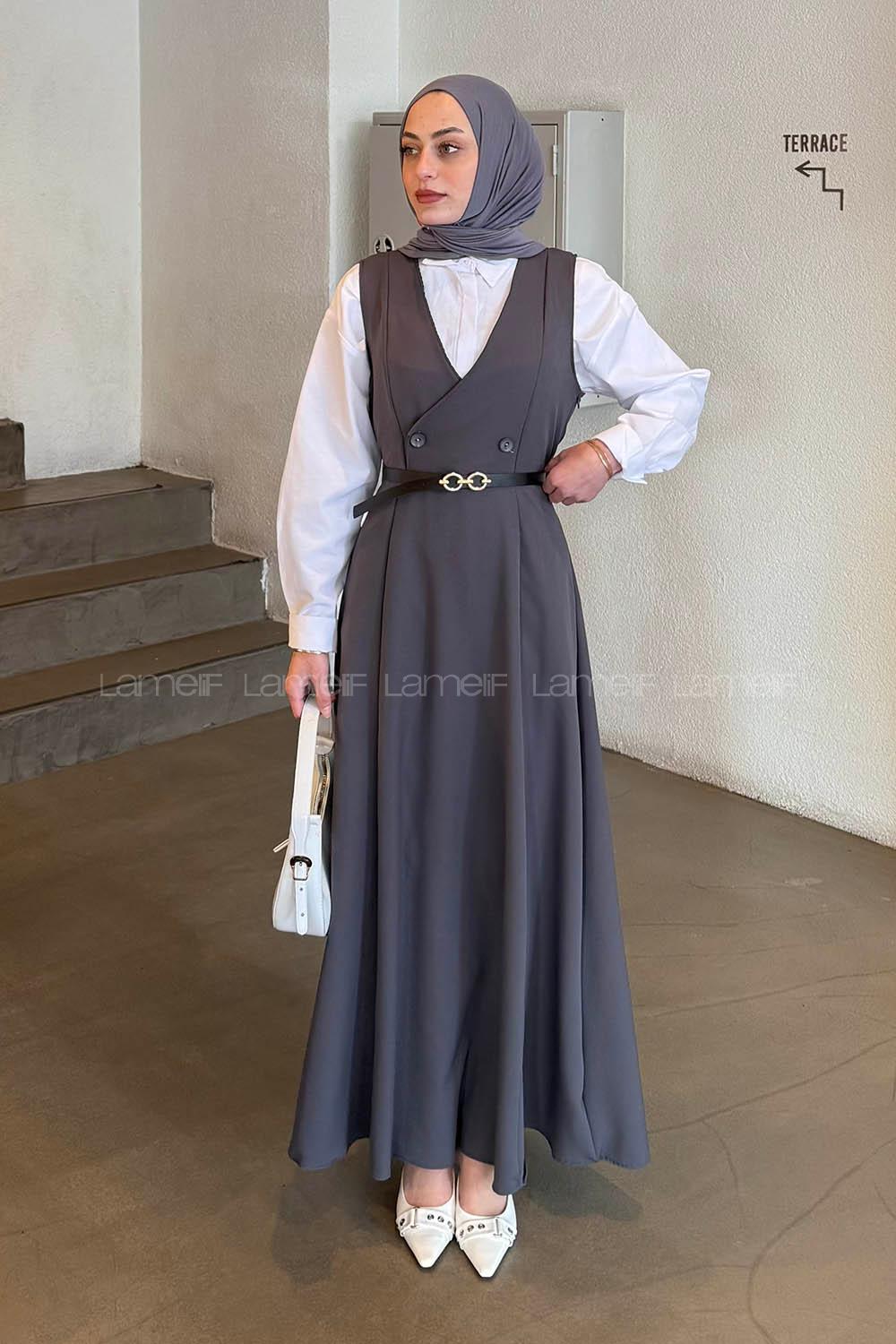 Lamelif Düğme Detaylı Kolsuz Tesettür Elbise Antrasit