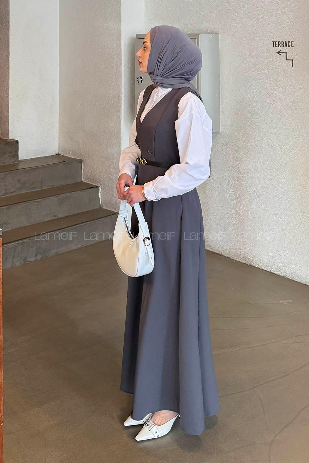 Lamelif Düğme Detaylı Kolsuz Tesettür Elbise Antrasit