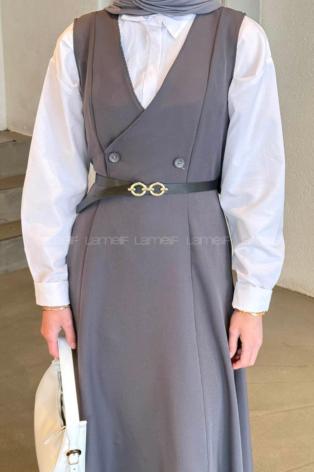 Lamelif Düğme Detaylı Kolsuz Tesettür Elbise Antrasit