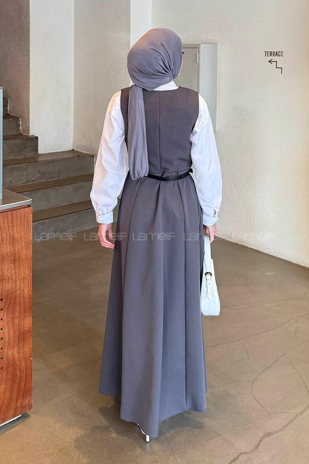 Lamelif Düğme Detaylı Kolsuz Tesettür Elbise Antrasit
