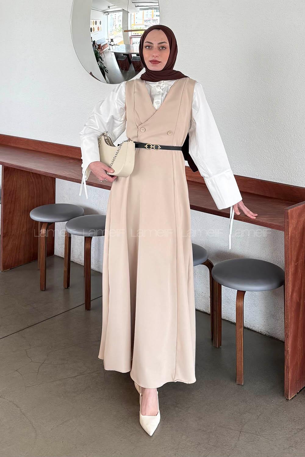 Beige V Neck Cotton Elastan Polyester Dresess