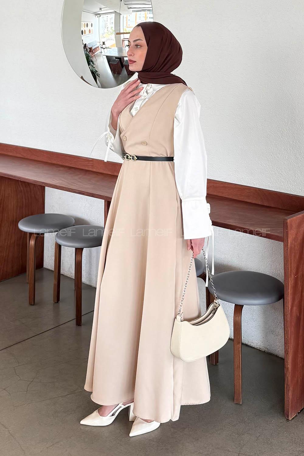 Beige V Neck Cotton Elastan Polyester Dresess