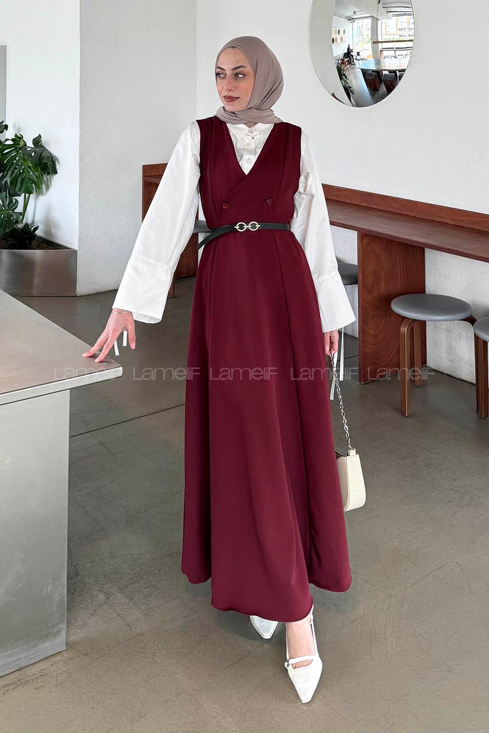 Lamelif Düğme Detaylı Kolsuz Tesettür Elbise Bordo