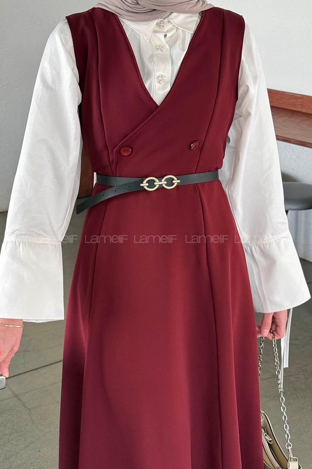 Lamelif Düğme Detaylı Kolsuz Tesettür Elbise Bordo