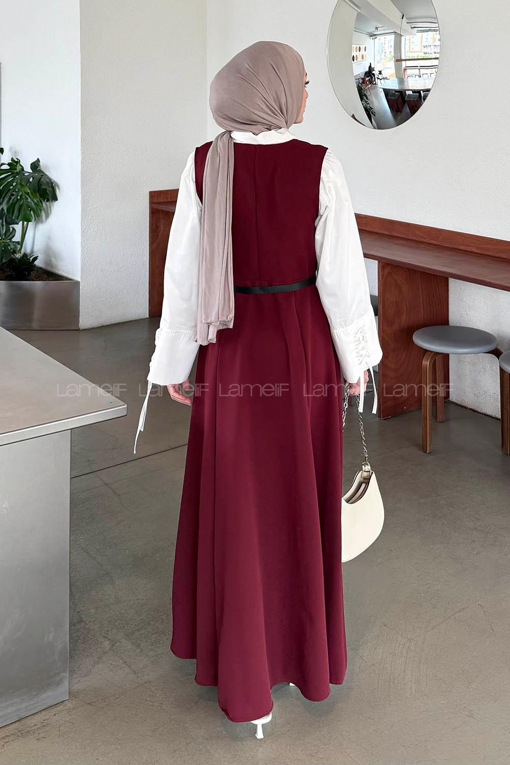 Lamelif Düğme Detaylı Kolsuz Tesettür Elbise Bordo