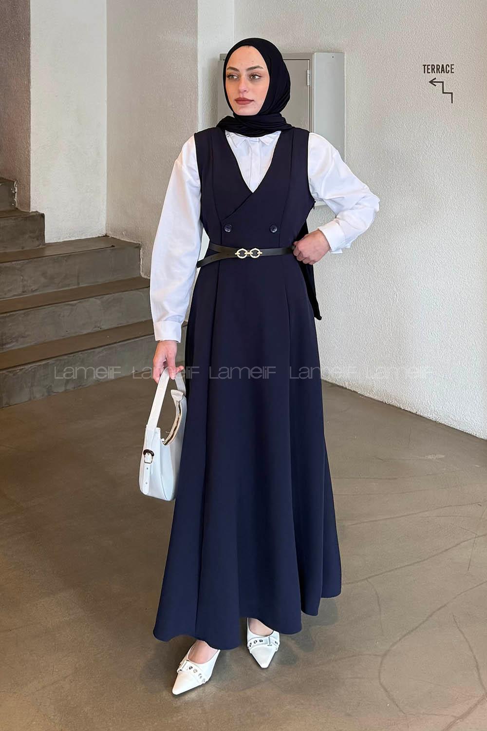 Navy Blue V Neck Cotton Elastan Polyester Dresess