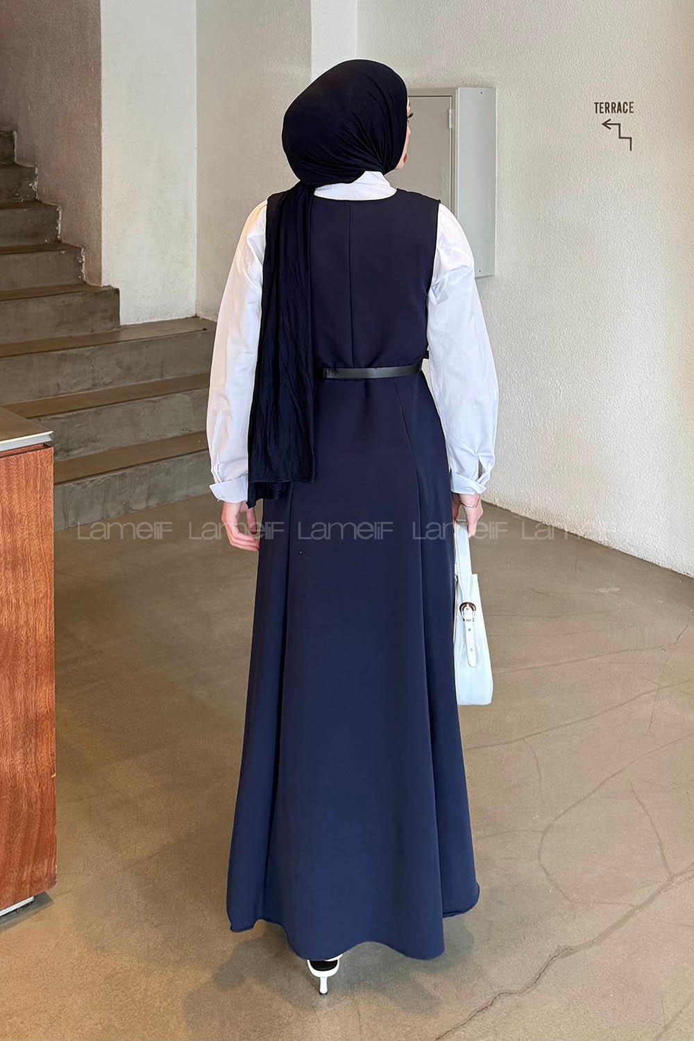 Navy Blue V Neck Cotton Elastan Polyester Dresess