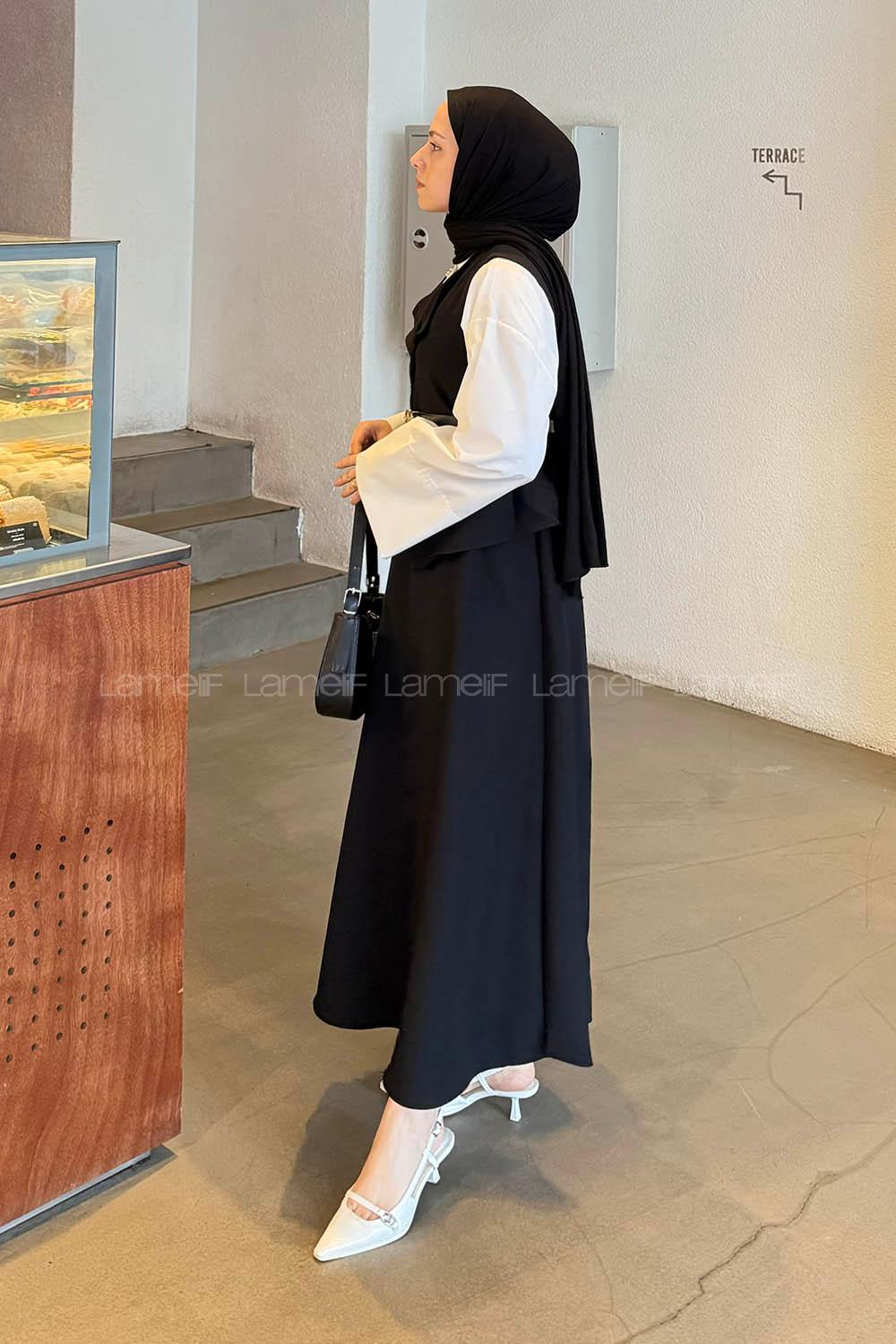 Lamelif Düğmeli Etek-Yelek Tesettür İkili Takım Siyah