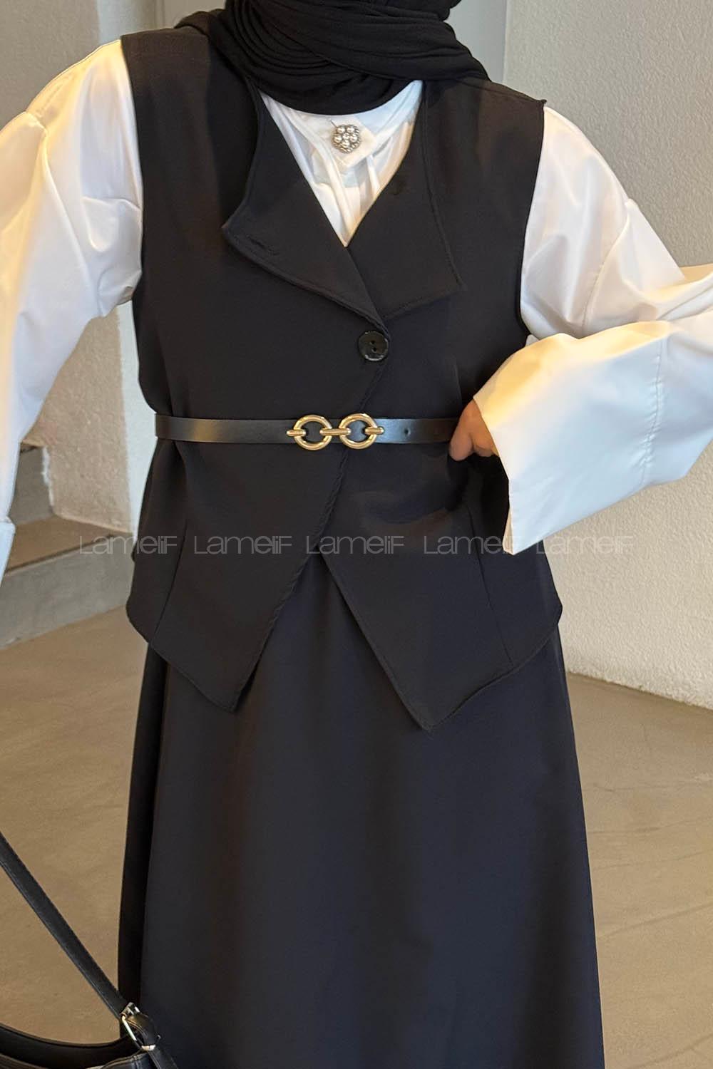 Lamelif Düğmeli Etek-Yelek Tesettür İkili Takım Siyah