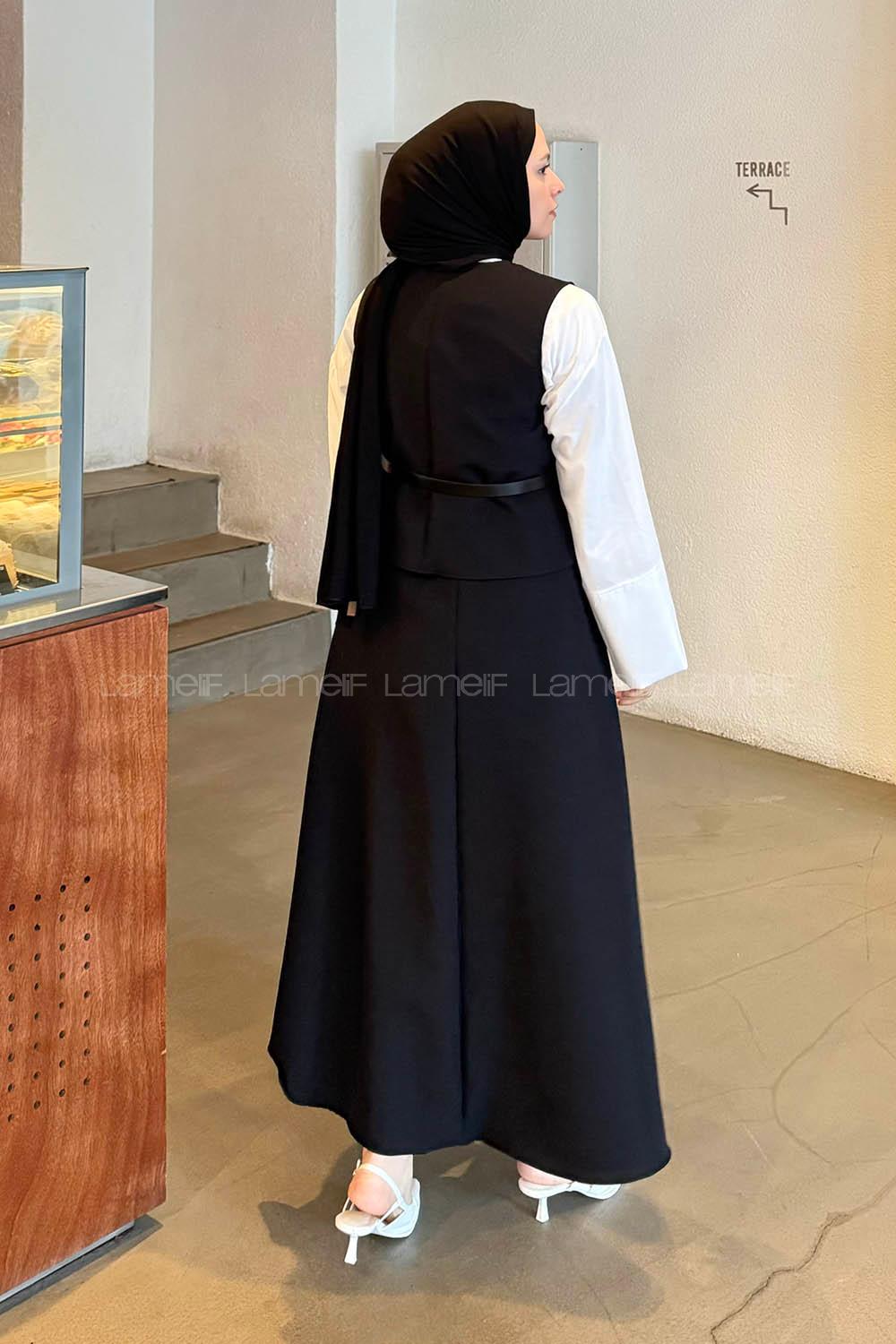Lamelif Düğmeli Etek-Yelek Tesettür İkili Takım Siyah