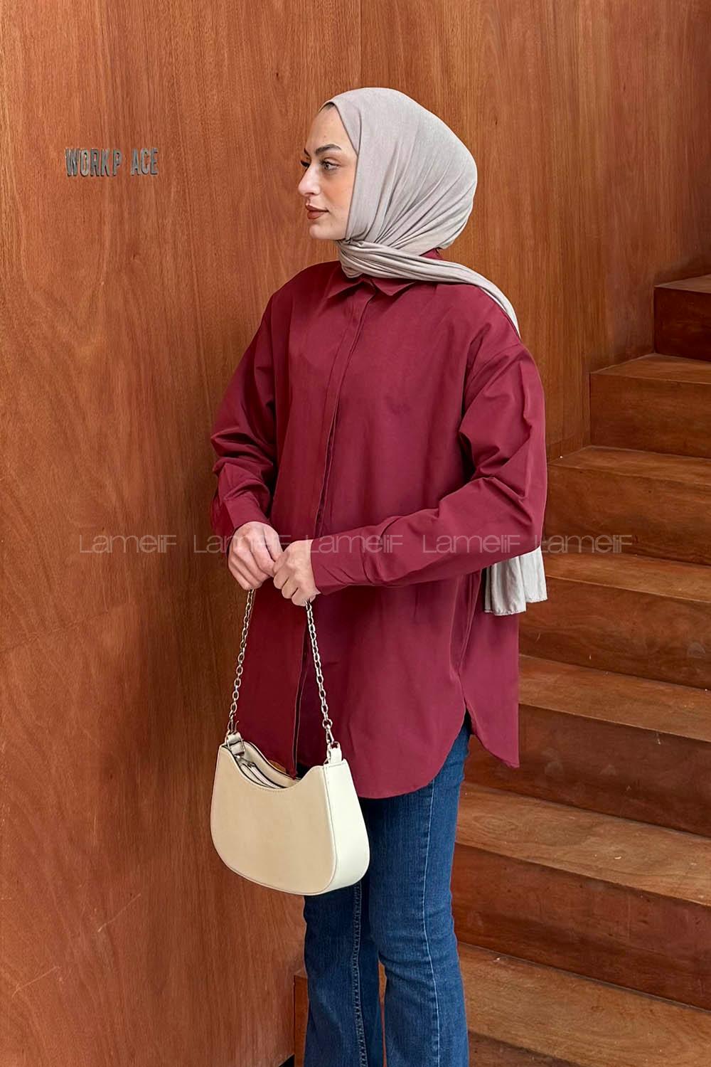Lamelif Gizli Düğme Kapamalı Oversize Tesettür Gömlek Bordo