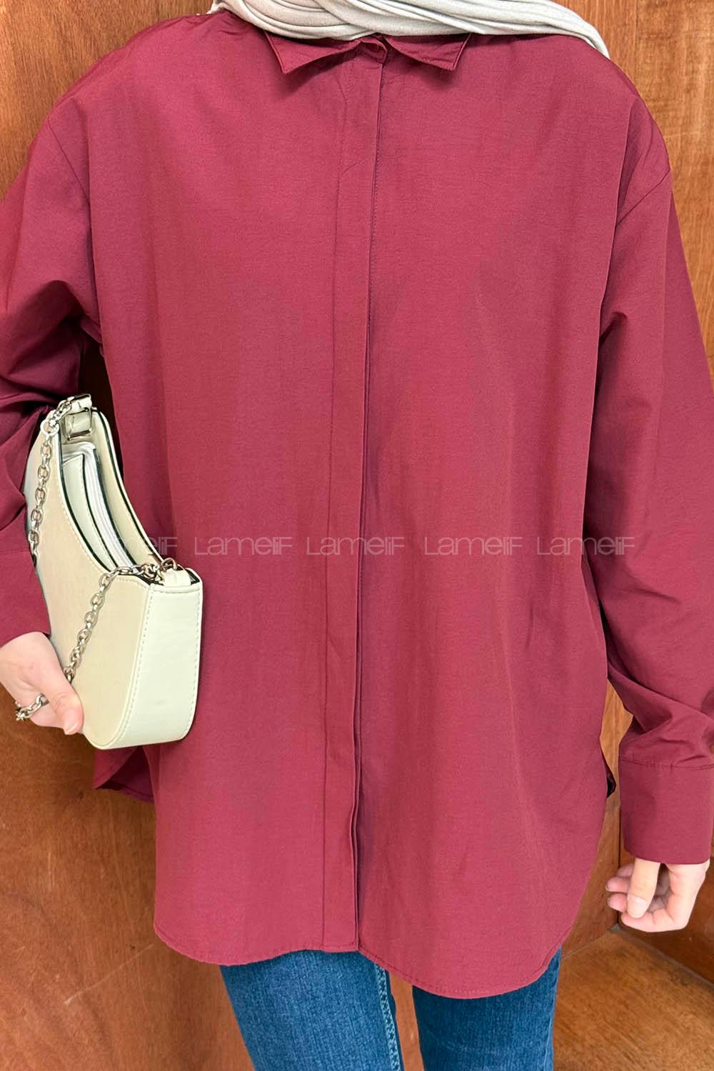 Lamelif Gizli Düğme Kapamalı Oversize Tesettür Gömlek Bordo