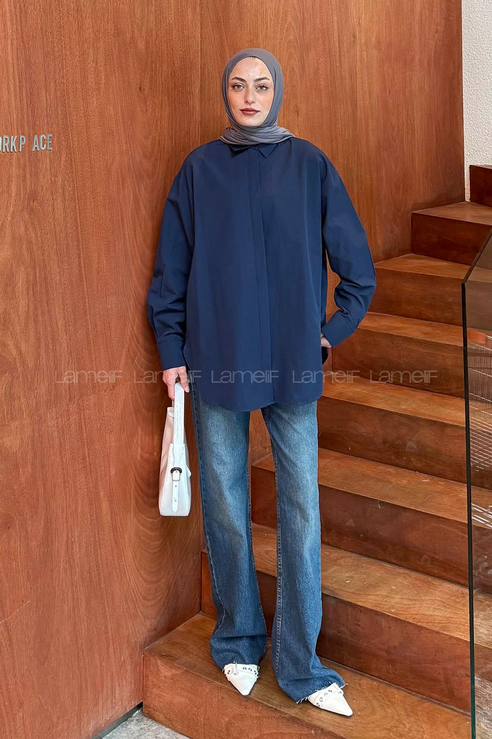 Lamelif Gizli Düğme Kapamalı Oversize Tesettür Gömlek Lacivert